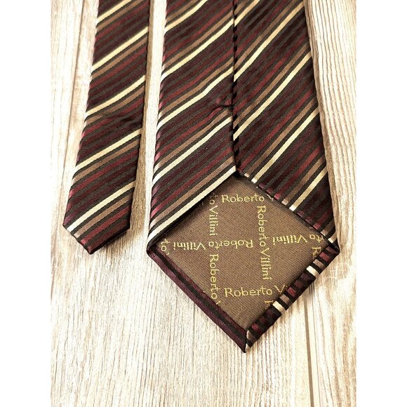 Roberto Villini Collezione Striped Silk Mens Tie Black Burgundy White Stripe Des - Picture 7 of 10